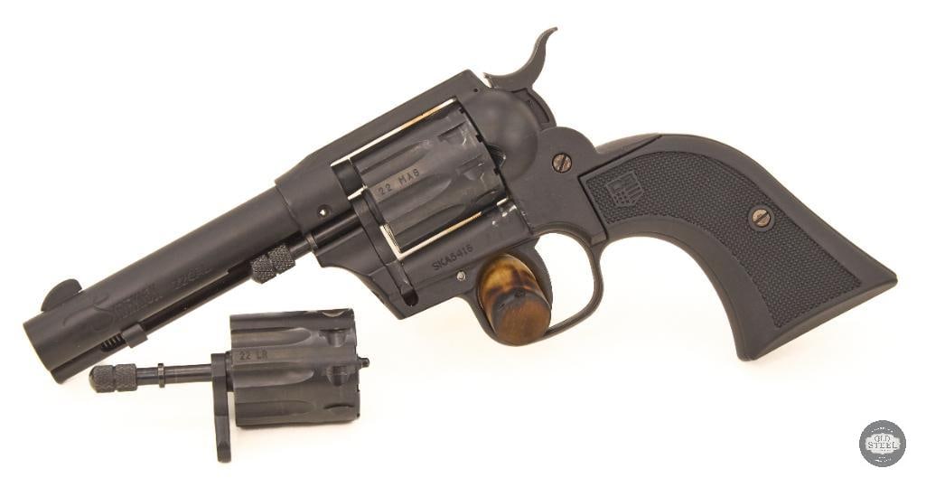 Diamondback Sidekick in 22Mag with 22LR Cylinder 9 shot double action - FFL: Comes with 2 cylinders total, 22 LR and 22 Mag. Double action with swing out cyliner with ejector, holds 9 shots. Action works well. THIS ITEM IS AS P