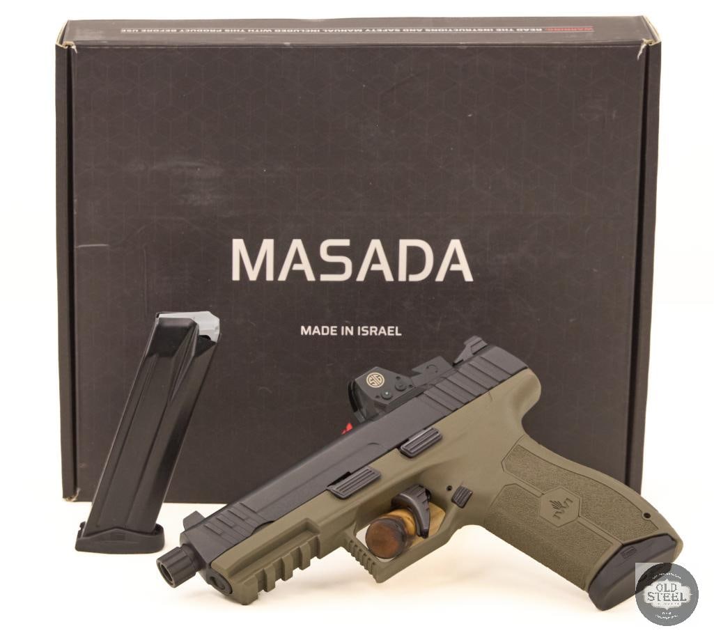 IWI Masada in 9mm With Sig Romeo1 red dot: Comes with box, and extra magazine. Threadded barrel, Bore is in excellent condition. Sights cowitness through optic. THIS ITEM IS AS PICTURED WITH NO