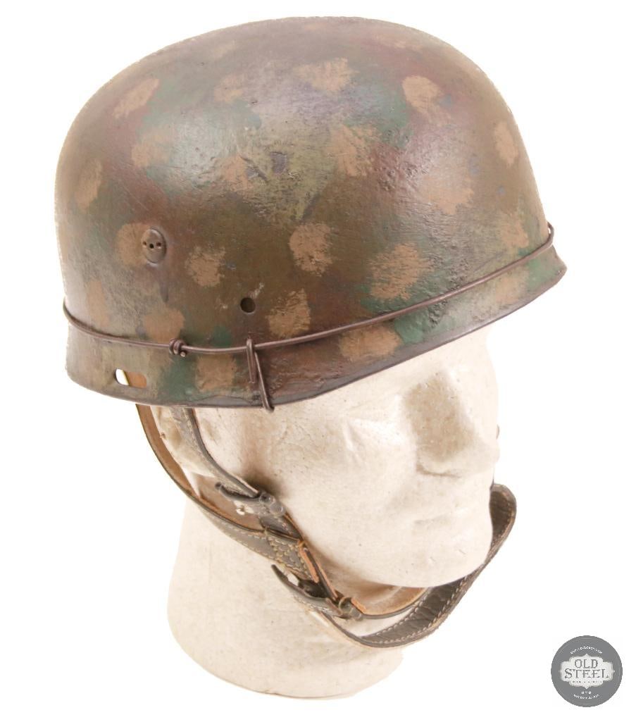 M38 Fallschirmjager German WWII Paratrooper Helmet With Wire and Camo Paint: Original German M38 paratrooper steel helmet shell, professionally refurbished with new liner, paint, and applied wire with camouflage finish. Refurbishment presents a WWII-style airborne field