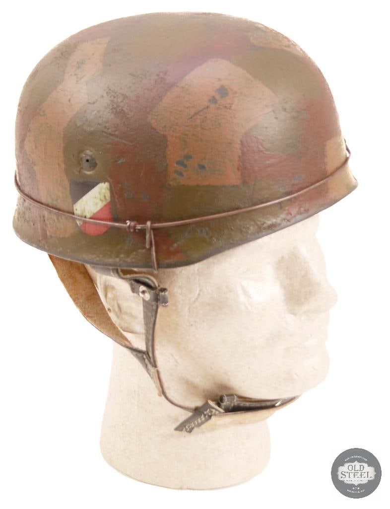 M38 WWII German Fallschirmjager Paratrooper Helmet With Wire and Camo Paint: Original German M38 paratrooper steel helmet shell, professionally refurbished with new liner, paint, and applied wire with camouflage finish. Refurbishment presents a WWII-style airborne field