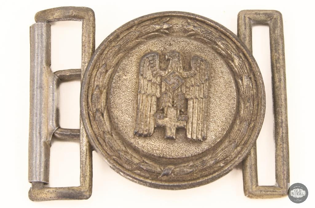 Red Cross Officer's Brocade Dress Belt Buckle WWII German: WWII German Red Cross (Deutsches Rotes Kreuz/DRK) Officer's brocade dress belt buckle, made of aluminum GES.GESCH 2 marked THIS ITEM IS AS PICTURED WITH NO FURTHER ATTACHMENTS. ALL SALES