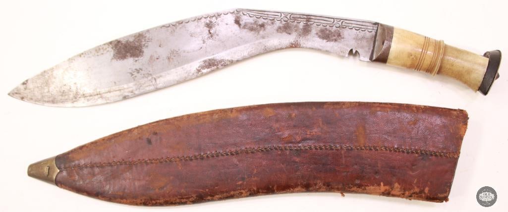 Kukri Machete With Leather Scabbard - 1944 Dated, Vintage WW2 Era - 2
