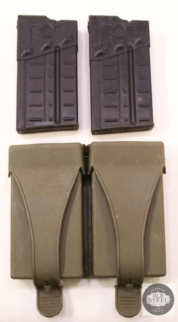 Two Portuguese Made 20rd HK G3 Magazines With Military Pouch: Two Portuguese-made 20-round magazines for the HK G3 rifle, accompanied by a military pouch. Aluminum military-pattern magazines issued for 7.6251 NATO service rifles. THIS ITEM IS AS