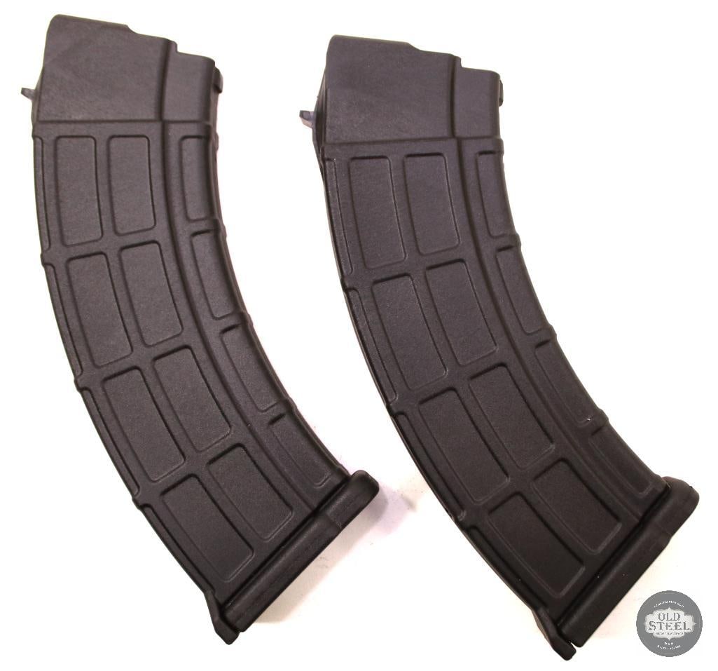 Two Serbian 7.62x39 30 Round Bolt Hold Open Polymer Magazines: Two Serbian-made polymer magazines for 7.6239 rifles, featuring 30-round capacity and bolt hold-open followers. Modern production magazines designed for AK-pattern platforms. 