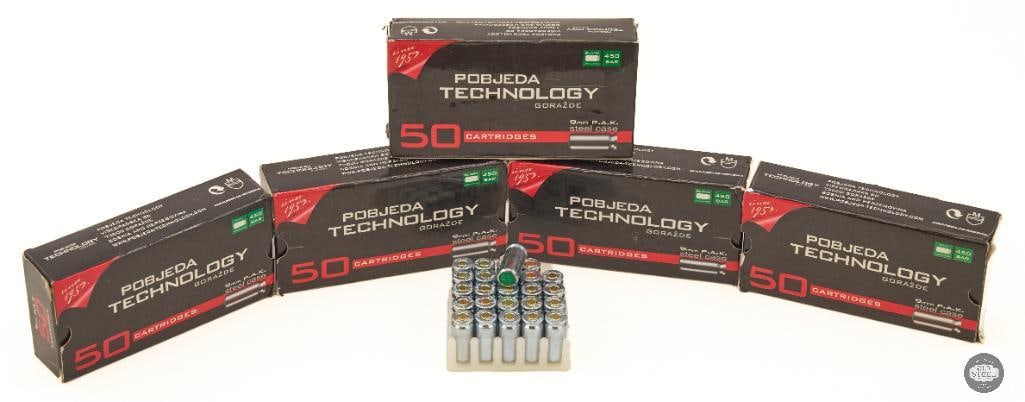 Pobjeda Technology 9mm P.A.K. steel case blank cartridges: 250 total 9mm P.A.K blank rounds in original packaging. THIS ITEM IS AS PICTURED WITH NO FURTHER ATTACHMENTS. ALL SALES ARE FINAL. PLEASE REFER TO THE AUCTION DESCRIPTION, LOT