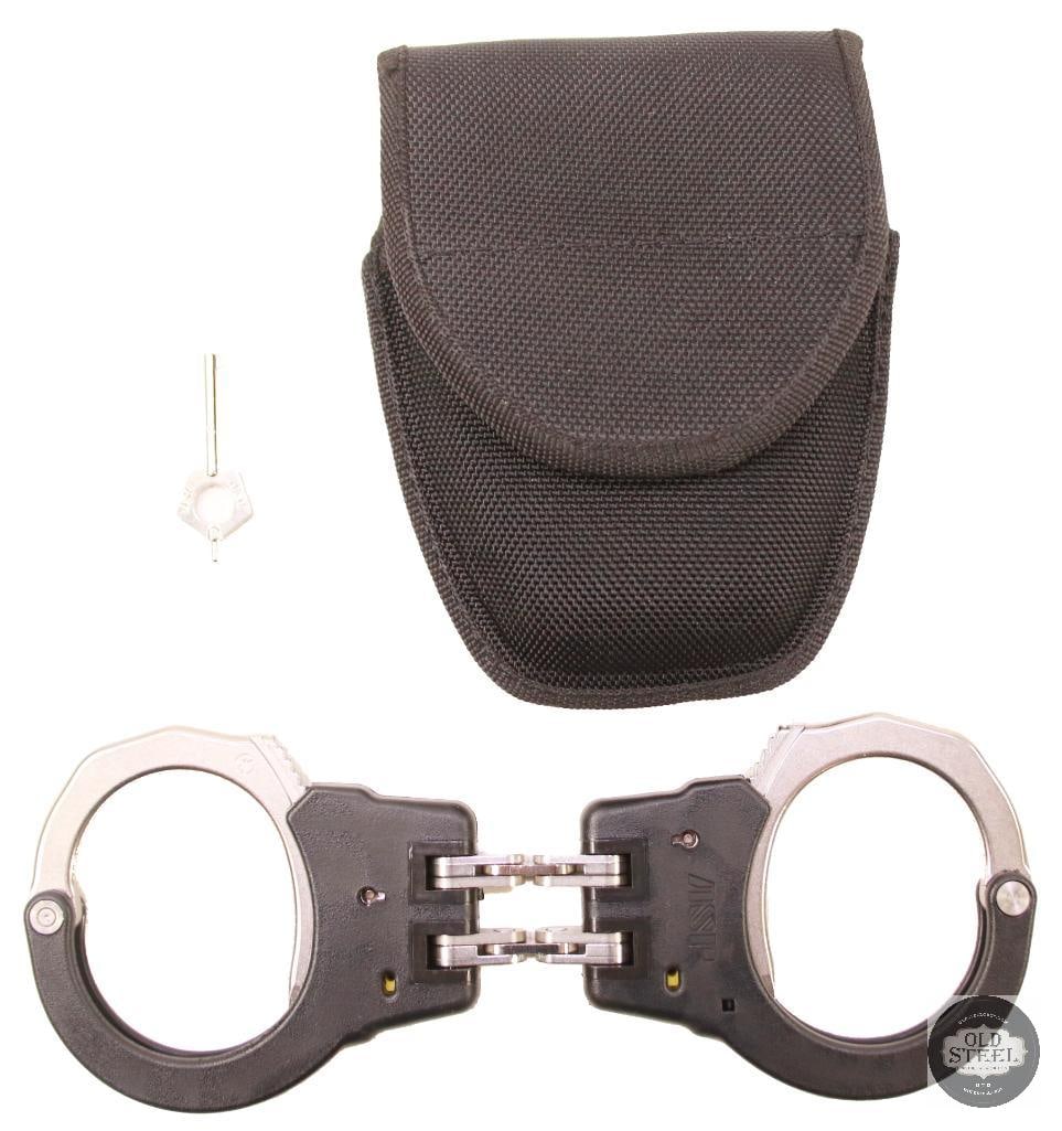 ASP Hinged Handcuffs With Key and Case: ASP hinged handcuffs with key and carry case. Professional-duty restraint device designed for law enforcement or security use. THIS ITEM IS AS PICTURED WITH NO FURTHER ATTACHMENTS. ALL