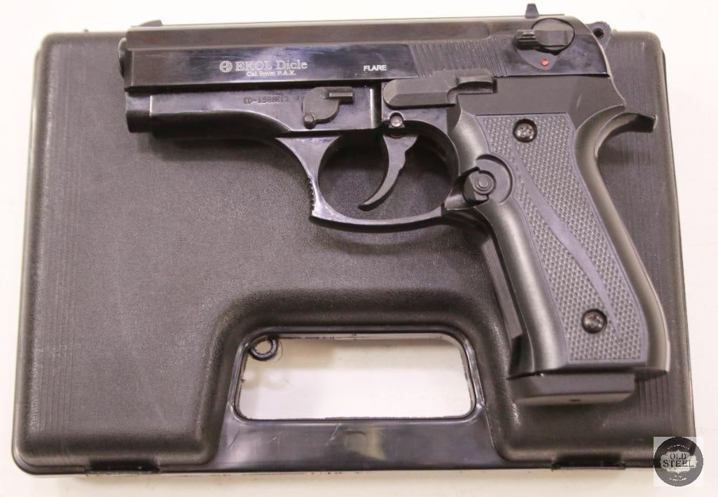 9MM P.A.K. Blank Firing Ekol Dicle Pistol Beretta 92 Style - NOT A FIREARM: 9mm P.A.K. blank-firing Ekol Dicle pistol in Beretta 92style configuration. Designed to fire blank ammunition only and not classified as a firearm. THIS ITEM IS AS PICTURED WITH NO
