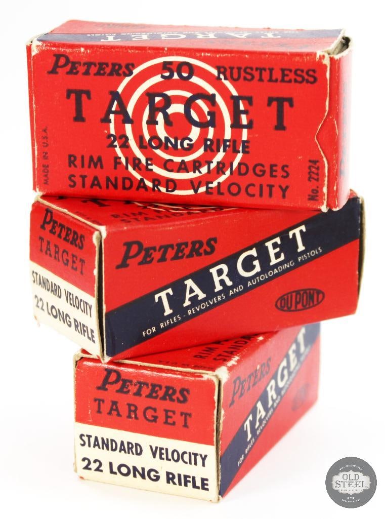 Collector Peters Target 22LR Standard Velocity Ammunition 150rds - Good Boxes: Collector Peters Target 22LR Standard Velocity Ammunition 150rds - Good Boxes THIS ITEM IS AS PICTURED WITH NO FURTHER ATTACHMENTS. ALL SALES ARE FINAL. PLEASE REFER TO THE AUCTION