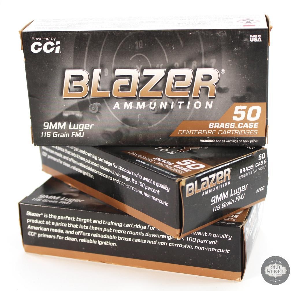 3 Boxes CCI Blazer 9mm Luger 115gr FMJ Ammunition - 150rds: 3 Boxes CCI Blazer 9mm Luger 115gr FMJ Ammunition - 150rds THIS ITEM IS AS PICTURED WITH NO FURTHER ATTACHMENTS. ALL SALES ARE FINAL. PLEASE REFER TO THE AUCTION DESCRIPTION, LOT