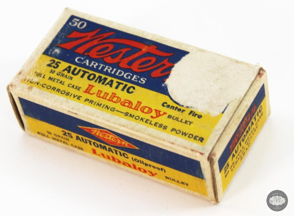 Collectible Box of Western 25 Auto 50gr FMC Lubaloy Ammunition - 50rds: Collectible Box of Western 25 Auto 50gr FMC Lubaloy Ammunition - 50rds THIS ITEM IS AS PICTURED WITH NO FURTHER ATTACHMENTS. ALL SALES ARE FINAL. PLEASE REFER TO THE AUCTION DESCRIPTION,