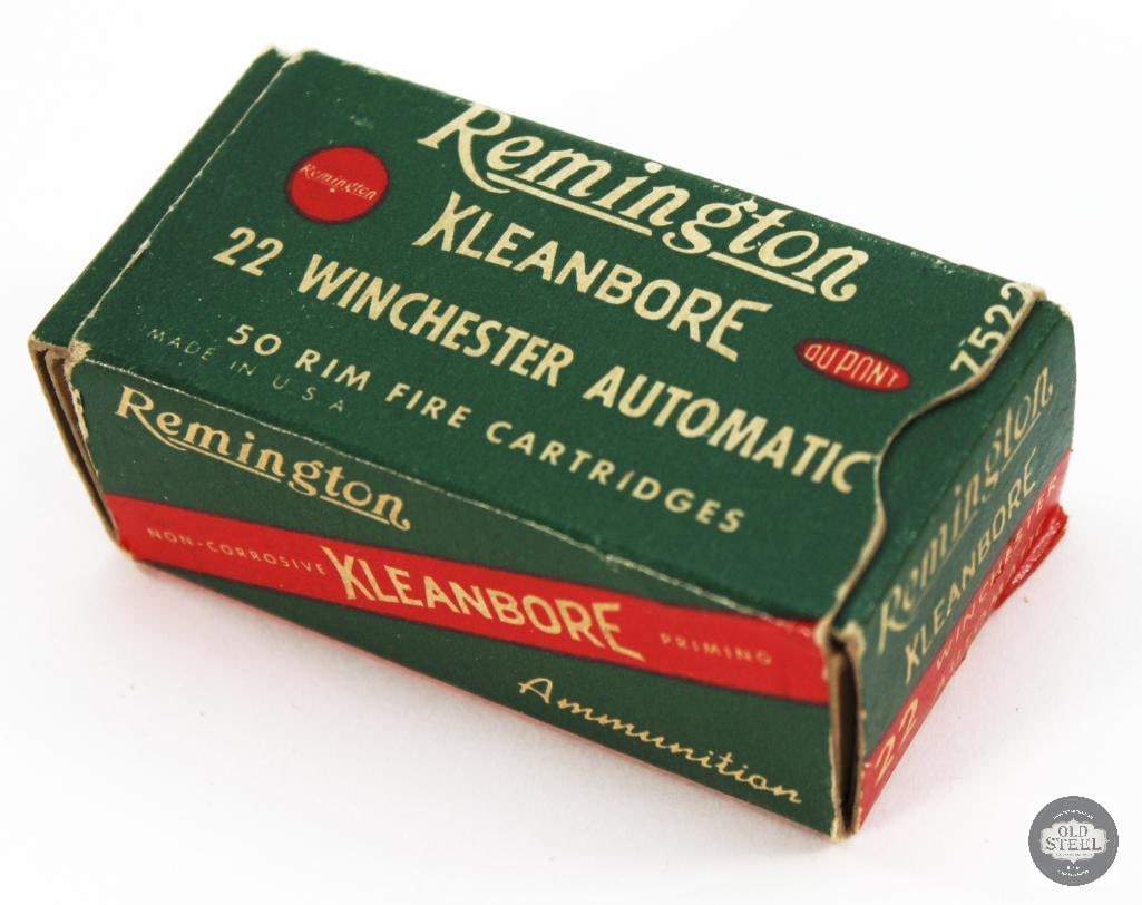 Collectible Box of Remington 22 Winchester Automatic Ammunition - 50rds: Collectible Box of Remington 22 Winchester Automatic Ammunition - 50rds. Majority of rounds have the U headstamp but about 15 rds are nopt original to the box, having the same copper casing but with a