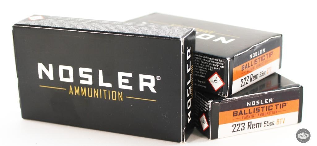 3 Boxes Nosler .223 Rem 55gr Ballistic Tip Varmint Ammunition - 60rds: 3 Boxes Nosler .223 Rem 55gr Ballistic Tip Varmint Ammunition - 60rds THIS ITEM IS AS PICTURED WITH NO FURTHER ATTACHMENTS. ALL SALES ARE FINAL. PLEASE REFER TO THE AUCTION DESCRIPTION,