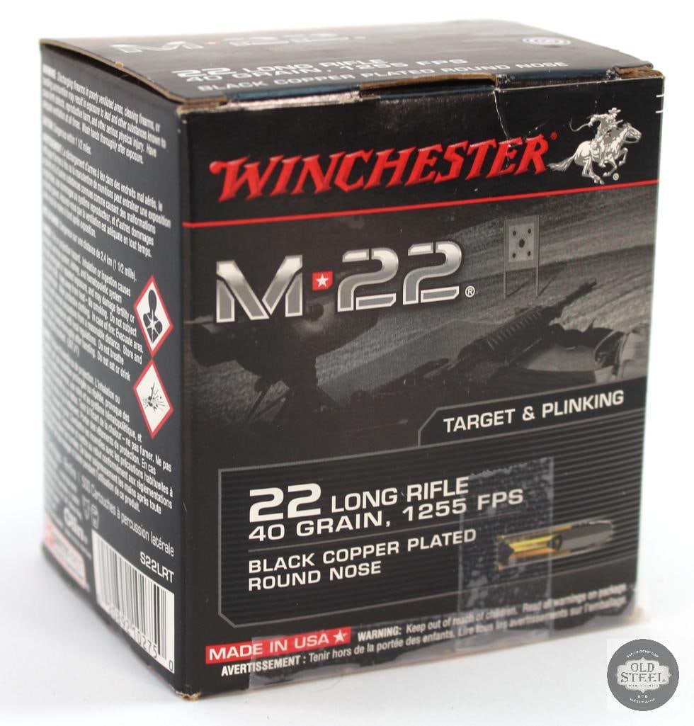 Winchester M22 22LR 40gr Black Copper Plater Round Nose Ammunition - 500rds: Winchester M22 22LR 40gr Black Copper Plater Round Nose Ammunition - 500rds. Bottom of box is partially open from handling and my be a few rounds short of 500, but otherwise appears and feels full.&nb