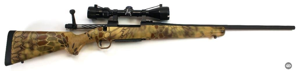 Mossberg Patriot Bolt Action Rifle 30-06 SPRG w Bushnell 3-9x Hi Contrast Optics Scope - FFL: A Mossberg Patriot rifle in a Highlander synthetic stock chambered for 30-06 SPRG and equipped with a Bushnell 3-9x High Contast Optics scope with clear glass. Cycles well and operates as designed.