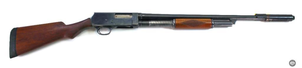 JC Higgins Model 102.25 Pump Action Shotgun 20ga C&R: JC Higgins Model 102.25 shotgun in 20ga. Good condition, solid action and cycling. The frony sight is a 'custom' job sporting scrap plastic and a fiber optic green 'inlaid' into it. Barrel measures ap