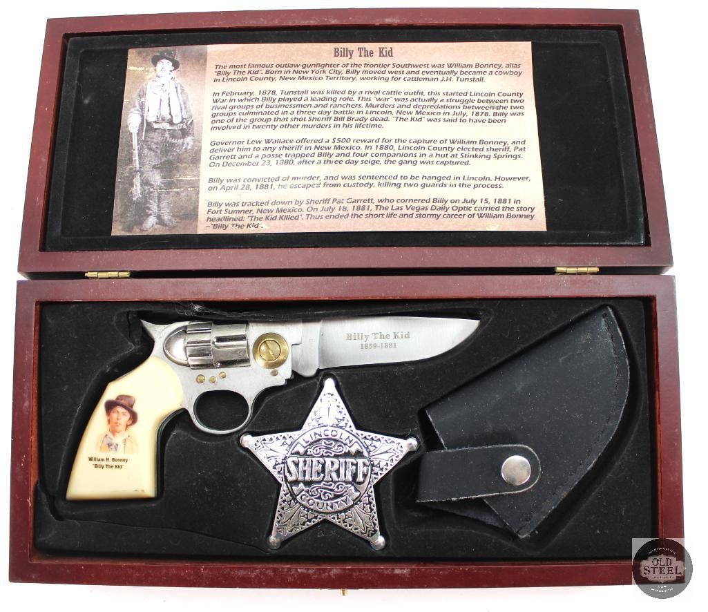 Billy The Kid Commemorative Folding Knife in Display Box: Commemorative folding knife for Billy The Kid in a display box. THIS ITEM IS AS PICTURED WITH NO FURTHER ATTACHMENTS. ALL SALES ARE FINAL. PLEASE REFER TO THE AUCTION DESCRIPTION,