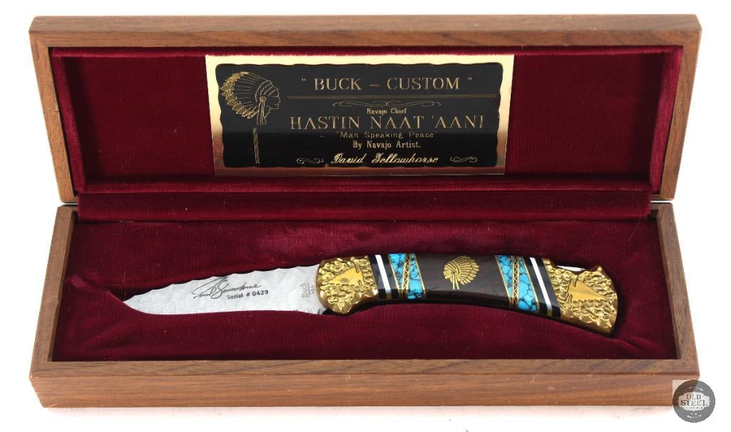 Custom Buck Knife - David Yellowhorse with Display Box: Custom made Buck knife designed by David Yellowhorse. Excellent condition and comes with display box. THIS ITEM IS AS PICTURED WITH NO FURTHER ATTACHMENTS. ALL SALES ARE FINAL.