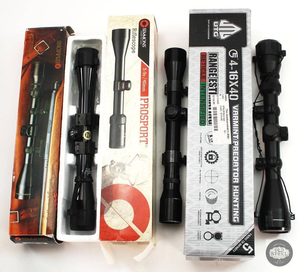 Lot of 3 Scopes - Boxes Unrelated: Tasco 3-9x40 in UTG box Springfield 4x in Simmons ProSport box Bushnell Sportview 4x32 in Simmons ProHunter box. THIS ITEM IS AS PICTURED WITH NO FURTHER ATTACHMENTS. ALL SALES