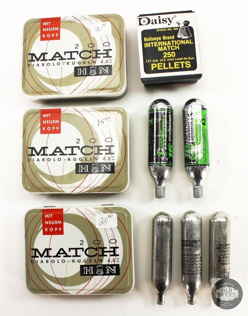 380 Pellets and 5 CO2 Cartridges: 128rds of H&N Match Diablo Kugeln 4.5mm and 250rds Daisy Bullseye brand International Match pellets. 2 16gram Genuine Innovations cartridges and 3 Crosman cartridges. 