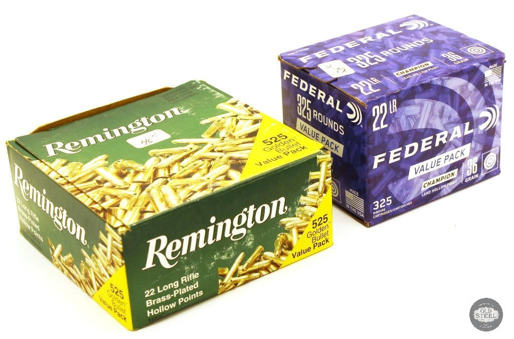 850rds Federal and Remington 22LR Ammunition: Federal Champion LHP 36gr - 325 Remington Golden Bullet HP - 525 THIS ITEM IS AS PICTURED WITH NO FURTHER ATTACHMENTS. ALL SALES ARE FINAL. PLEASE