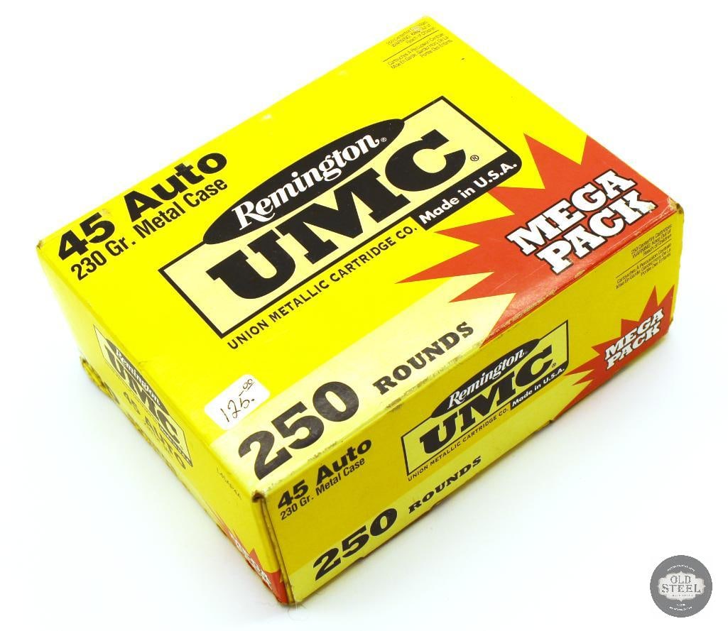 250rd MEGA PACK Remington UMC 45 AUTO 230gr MC Ammunition: 250rd MEGA PACK Remington UMC 45 AUTO 230gr MC Ammunition THIS ITEM IS AS PICTURED WITH NO FURTHER ATTACHMENTS. ALL SALES ARE FINAL. PLEASE REFER TO T