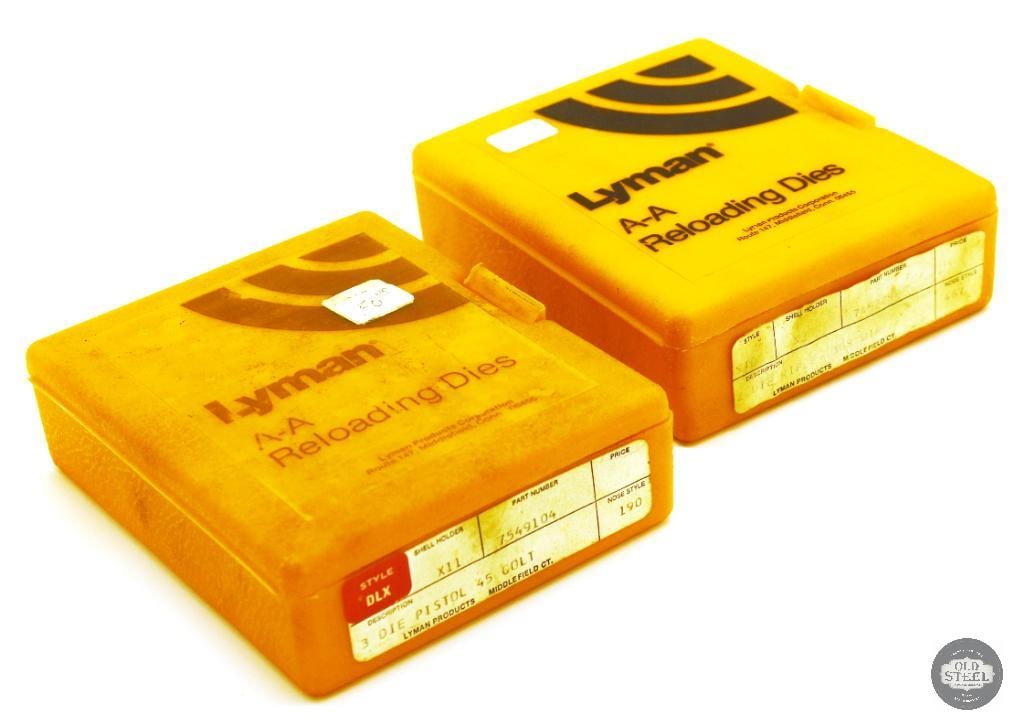 Lot of 2 Lyman Reloading Die Sets - 45 COLT and 308 WIN: Lot of 2 Lyman Reloading Die Sets - 45 COLT and 308 WIN 45 COLT 3 die set: FL, EXP, Seater 308 WIN 2 die set: FL, Seater THIS ITEM IS AS PICTURED WITH NO FURTHER ATTACHMENTS. ALL SALES