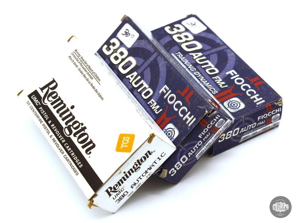 149rds 380 AUTO 95gr FMJ: 2 Boxes Fiocchi - 100rds 1 partial box Remington UMC - 49rds THIS ITEM IS AS PICTURED WITH NO FURTHER ATTACHMENTS. ALL SALES ARE FINAL. PLEASE REF