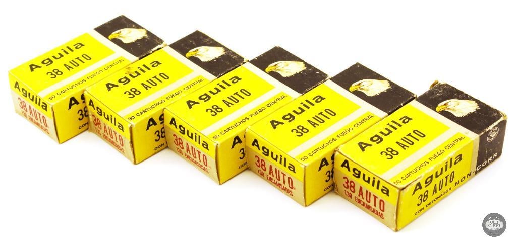200rds Aguila 38 Auto 130gr FMJ Ammunition + Bonus Box of 50rds (half reloaded): 200rds Aguila 38 Auto 130gr FMJ Ammunition. 5th box is half full of lead bullet reloads wiht 50rds total in box. THIS ITEM IS AS PICTURED WITH NO FURTHER ATTACHMENTS. ALL SALES ARE