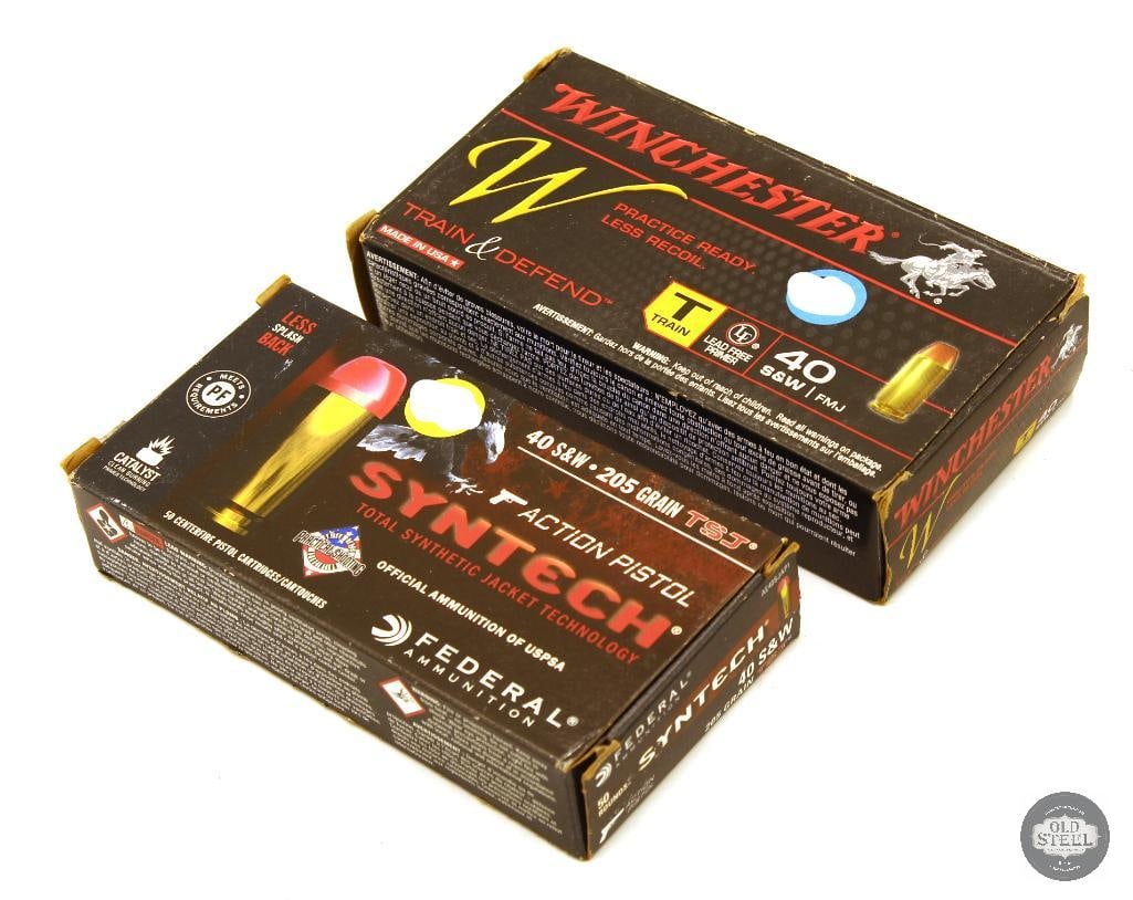 100rds 40 S&W Ammunition - Winchester, Federal: 1 box Winchester Train & Defend 180gr FMJ - 50rds 1 box Federal Syntech 205gr TSJ - 50rds THIS ITEM IS AS PICTURED WITH NO FURTHER ATTACHMENTS. ALL SALES ARE FINAL. PLEASE REFER TO