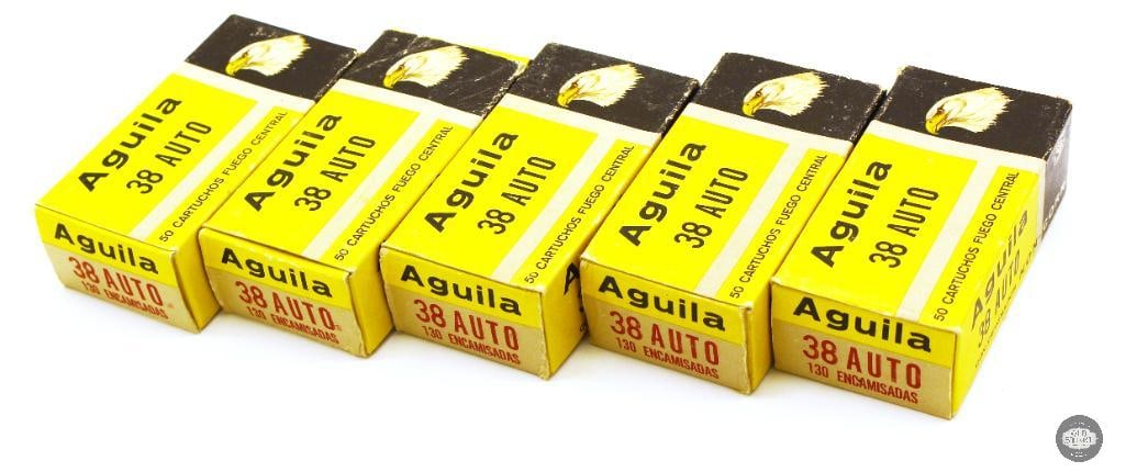 235rds Aguila 38 Auto 130gr FMJ Ammunition: 235rds Aguila 38 Auto 130gr FMJ Ammunition THIS ITEM IS AS PICTURED WITH NO FURTHER ATTACHMENTS. ALL SALES ARE FINAL. PLEASE REFER TO THE AUCTION DESCRIPTION, LOT #1 DESCRIPTION AND