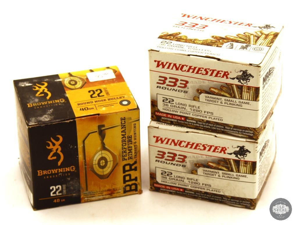 1000rds 22LR Ammunition - Winchester, Browning: 2 boxes Winchester 36gr HP - 600rds 1 box Browning 40gr - 400rds THIS ITEM IS AS PICTURED WITH NO FURTHER ATTACHMENTS. ALL SALES ARE FINAL. PLEASE REFER TO THE AUCTION DESCRIPTION, LOT