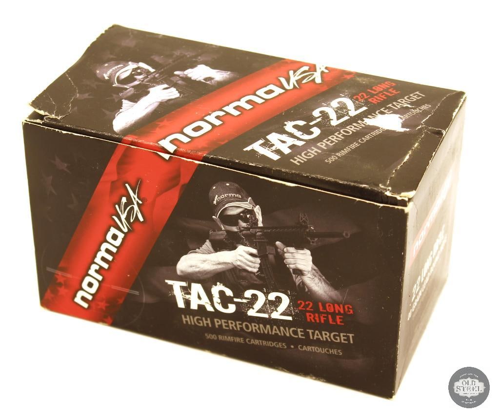 500rds Norma 22LR TAC-22 Ammunition: 500rds Norma 22LR TAC-22 Ammunition THIS ITEM IS AS PICTURED WITH NO FURTHER ATTACHMENTS. ALL SALES ARE FINAL. PLEASE REFER TO THE AUCTION DESCRIPTION, LOT #1 DESCRIPTION AND TERMS