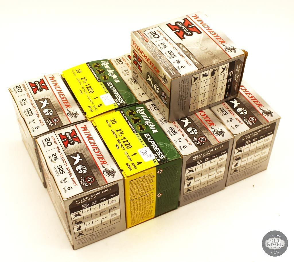 9 Boxes Remington and Winchester 20ga 2-3/4in Ammunition - 225rds: 9 Boxes Remington and Winchester 20ga 2-3/4in Ammunition - 225rds THIS ITEM IS AS PICTURED WITH NO FURTHER ATTACHMENTS. ALL SALES ARE FINAL. PLEASE RE