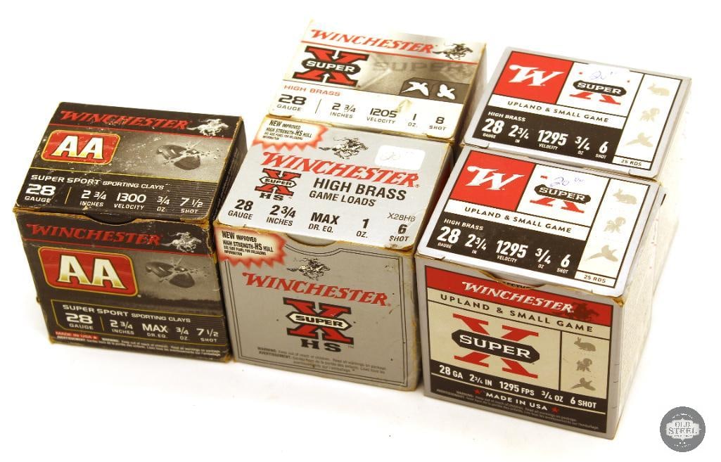 5 Boxes Winchester 28ga Ammunition: 2 boxes Upland Small Game High Brass 2-3/4in 3/4oz No. 6 - 50rds 1 box Upland Game High Brass - 2-3/4in 1oz No.8 Shot - 25rds 1 box Game Loads High Brass 2-3/4in 1oz No. 6 Shot - 25rds 1 box AA