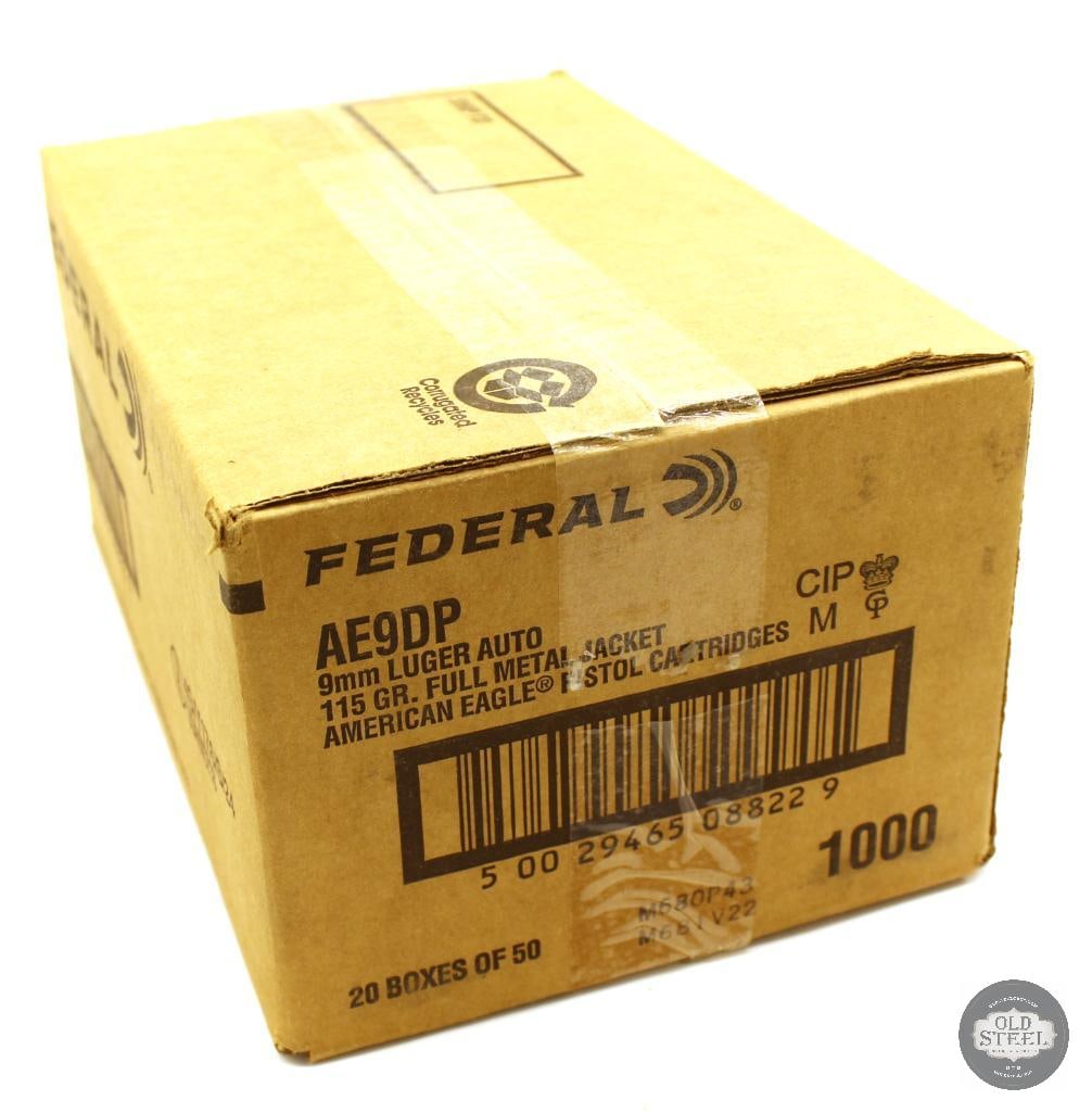 1000rds Federal American Eagle 9mm Luger 115gr FMJ: 1000rds Federal American Eagle 9mm Luger 115gr FMJ THIS ITEM IS AS PICTURED WITH NO FURTHER ATTACHMENTS. ALL SALES ARE FINAL. PLEASE REFER TO THE AUCTION DESCRIPTION, LOT