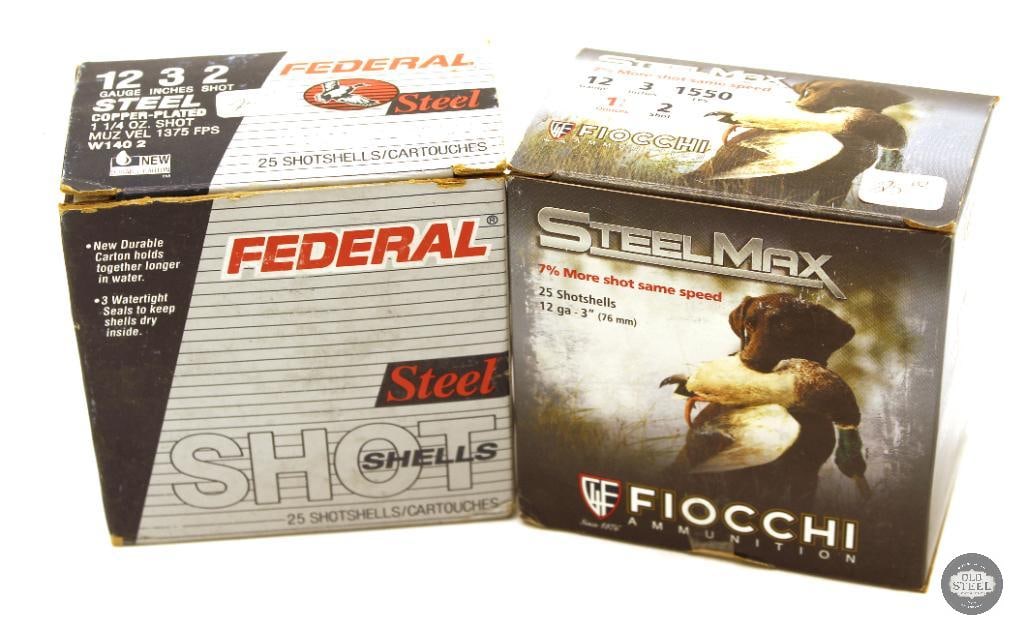 50rds Federal and Fiocchi 12ga 3 Inch Shotshell Ammunition: Box of Federal 12ga 3inch 2 Shot Steel Copper Plated Ammo - 25rds Box of Fiocchi 12ga 3 inch 1-1/5oz 2 Shot ammo - 25rds THIS ITEM IS AS PICT