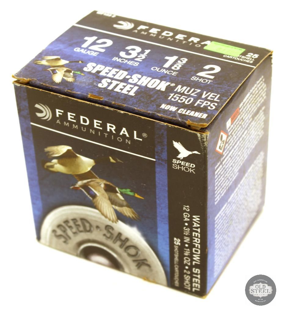 25rd Box Federal 12ga 3-1/2in 1-3/8oz 2 Shot Speed Shok Steel Ammunition: 25rd Box Federal 12ga 3-1/2in 1-3/8oz 2 Shot Speed Shok Steel Ammunition THIS ITEM IS AS PICTURED WITH NO FURTHER ATTACHMENTS. ALL SALES ARE FINAL. PL