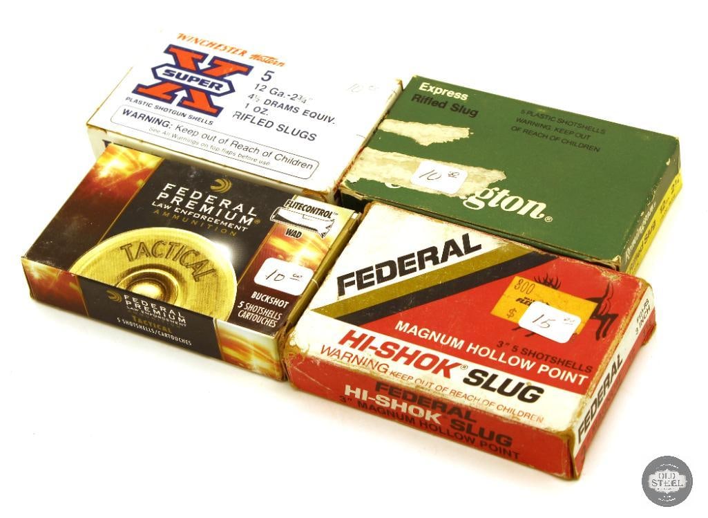 20rds 12ga Ammunition - Winchester, Federal, Remington: Winchester Super X 2-3/4in 1oz Slugs - 5rds Federal 2-3/4in 00 Buck - 5rds Federal 3in Magnum 1-1/4oz Slugs - 5rds Remington 2-3/4in 7/8oz Slugs - 5rds 