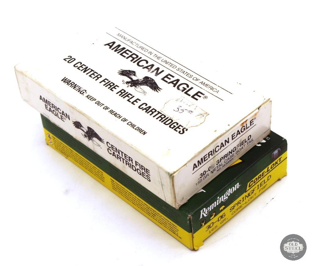 40rds 30-06 SPRG Ammunition - Federal AE, Remington Core-Lokt: Federal American Eagle 150gr Metal Case Boat Tail - 20rds Remington Core-Lokt 165gr PSP - 20rds THIS ITEM IS AS PICTURED WITH NO FURTHER ATTACHMENTS. ALL SALES ARE FINAL. PLEASE REFER TO