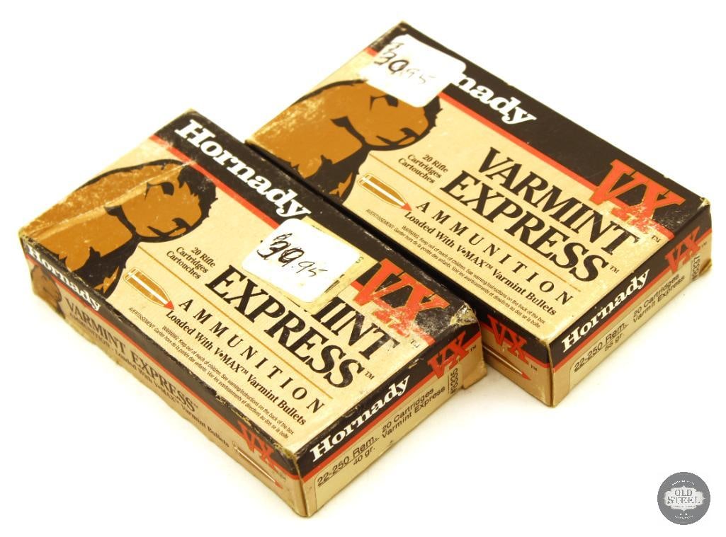 40rds Hornady VX 22-250 REM Ammunition: 1 box 20rds 40gr 1 box 20rds 55gr THIS ITEM IS AS PICTURED WITH NO FURTHER ATTACHMENTS. ALL SALES ARE FINAL. PLEASE REFER TO THE AUCTION DESCRIPTI