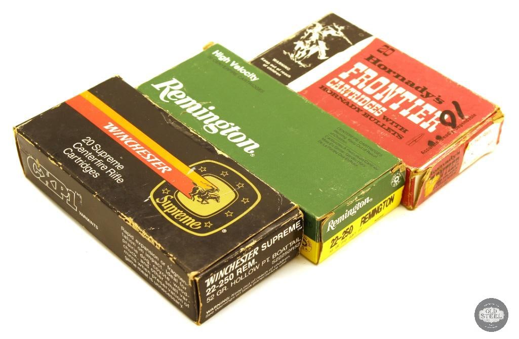 59rds 22-250 REM Ammunition - Winchester, Hornady, Remington: Winchester Supreme 52gr HPBT - 19rds Hornady Frontier Cartridges 55gr FMJ - 20rds Remington 55gr PSP - 20rds THIS ITEM IS AS PICTURED WITH NO