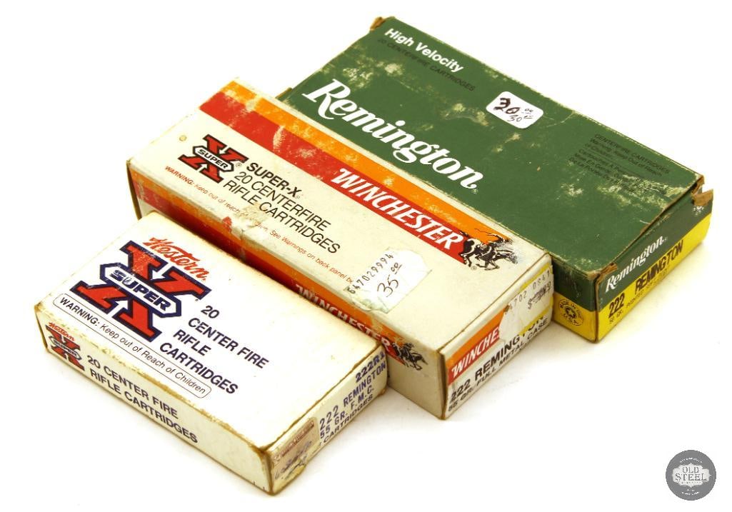 55rds 222 REM Ammunition - Remington, Winchester: Winchester 222 REM 55gr FMC - 40rds Remington 222 REM 50gr PSP - 16rds THIS ITEM IS AS PICTURED WITH NO FURTHER ATTACHMENTS. ALL SALES ARE FINAL. PLEASE REFER TO THE AUCTION DESCRIPTION,