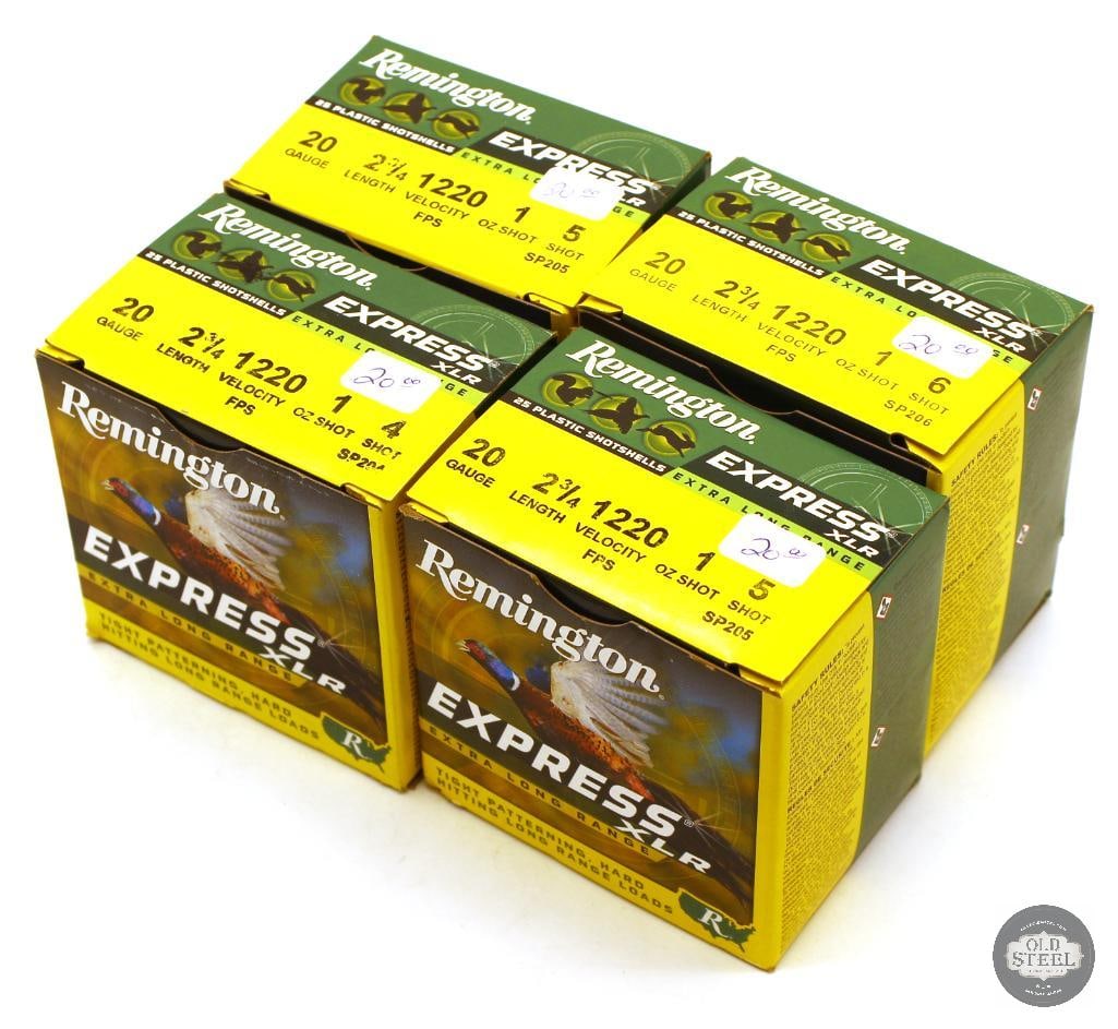 100rds Remington Express 20ga 2-3/4in 1oz XLR Ammunition - No. 4, 5 and 6 Shot: 100rds Remington Express 20ga 2-3/4in 1oz XLR Ammunition - No. 4, 5 and 6 Shot THIS ITEM IS AS PICTURED WITH NO FURTHER ATTACHMENTS. ALL SALES ARE FINAL. PLEASE REFER TO THE AUCTION