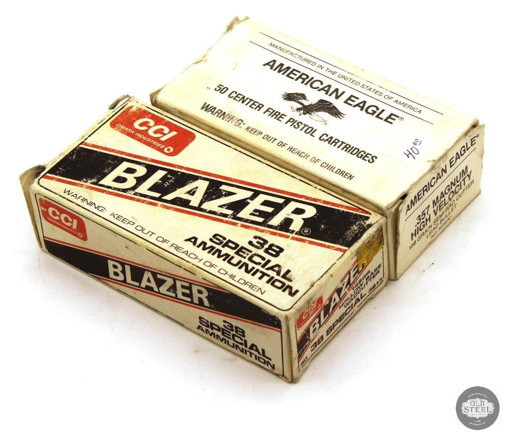 50rds Federal 357 MAG - 50rds CCI Factory and Some Reloaded 38 SPL: Federal American Eagle 357 MAG 158gr Semi-Wad Cutter Lead - 50rds CCI Blazer 38 SPL 148gr Hollow Base Wad Cutter Aluminum cased - 42rds + 8rds of potential reloads or other factory rounds to fill out