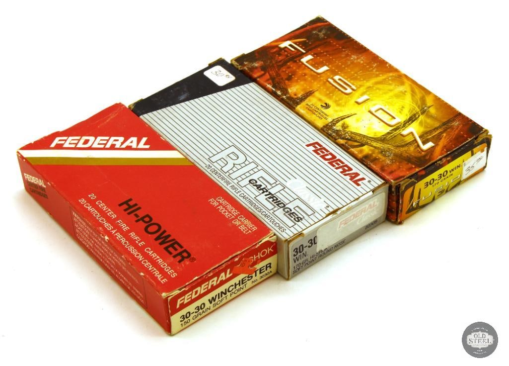 58rds 30-30 Winchester Mixed Ammunition: Federal Fusion box has 18rds plus 2 spent casings. Appears factory The other 2 federal boxes have 20rds with both Federal and Remington head stamps and matching bullets - presumed to be reloaded. 