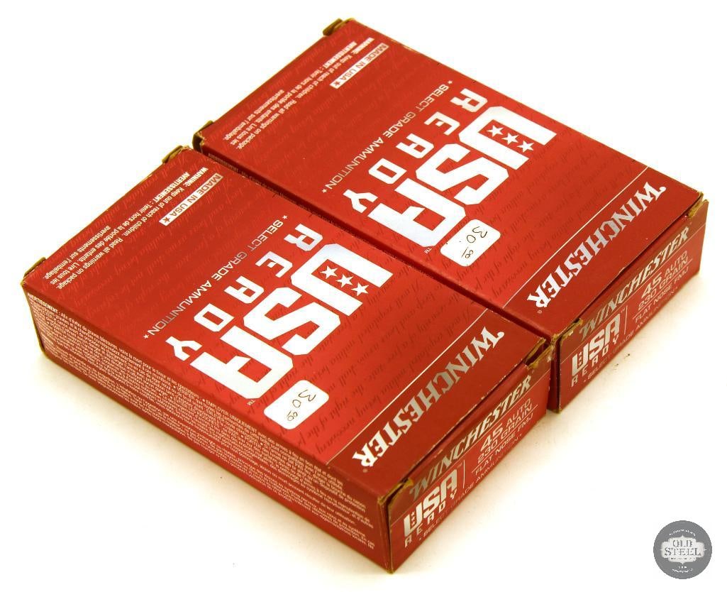 100rds Winchester USA Ready 45 Auto 230gr Flat Nose FMJ Ammunition: 100rds Winchester USA Ready 45 Auto 230gr Flat Nose FMJ Ammunition THIS ITEM IS AS PICTURED WITH NO FURTHER ATTACHMENTS. ALL SALES ARE FINAL. PLEASE REFER TO THE AUCTION DESCRIPTION, LOT