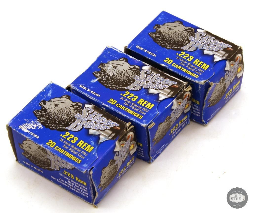 60rds Silver Bear 223 REM 55gr FMJBT Zinc Coated Steel Cased Ammunition: 60rds Silver Bear 223 REM 55gr FMJBT Zinc Coated Steel Cased Ammunition THIS ITEM IS AS PICTURED WITH NO FURTHER ATTACHMENTS. ALL SALES ARE FINAL. PLEASE REFER TO THE AUCTION DESCRIPTION,