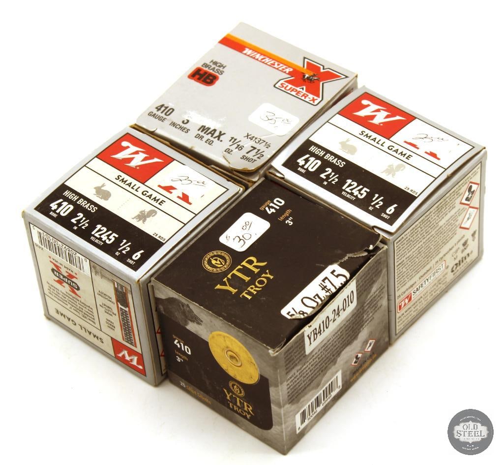 100rds 410ga Ammunition - Winchester, Troy: 2 boxes Winchester Small Game High Brass 2-1/2in 1/2oz No. 6 Shot - 50rds 1 box Winchester High Brass 3in 11/16oz No. 7-1/2 shot - 25rds 1 box YTR Troy 3in 5/8oz No. 7-1/2 shot - 25rds 