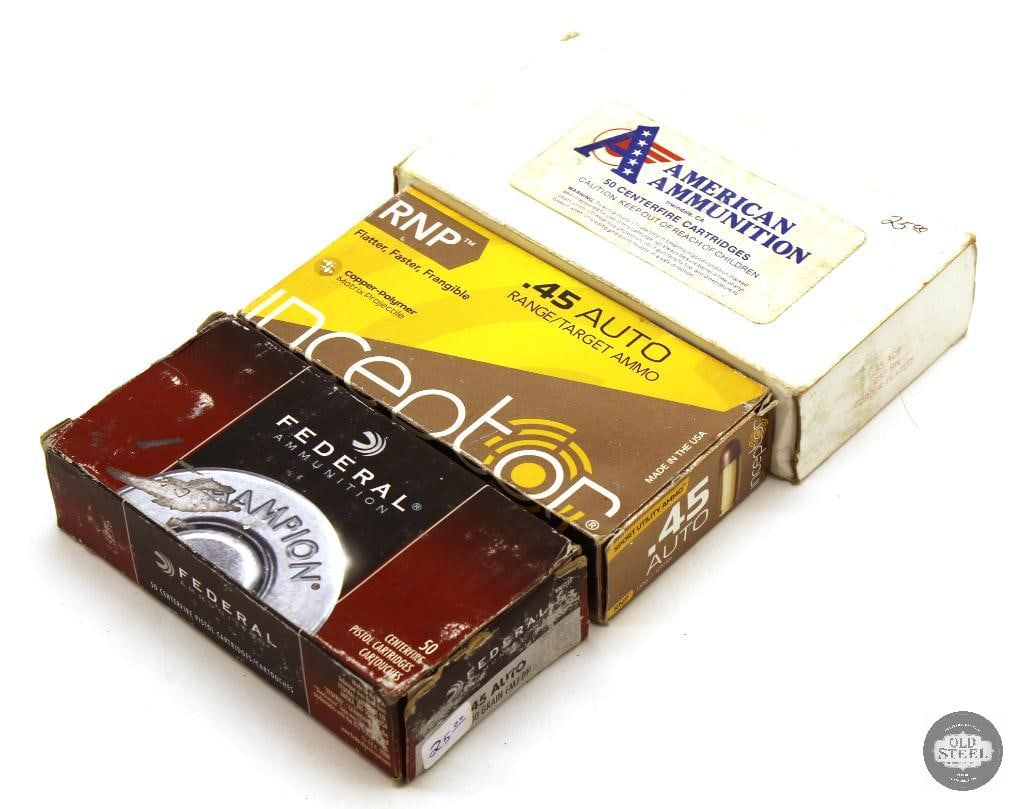 150rds Various 45 Auto Round Nose Ammunition - Federal, Inceptor, American Ammunition: Federal 230gr FMJ RN - 50rds Inceptor 130gr RNP - 50rds American Ammunition 230gr RN - 50rds THIS ITEM IS AS PICTURED WITH NO FURTHER ATTACHMENTS. ALL SALES ARE FINAL. PLEASE REFER