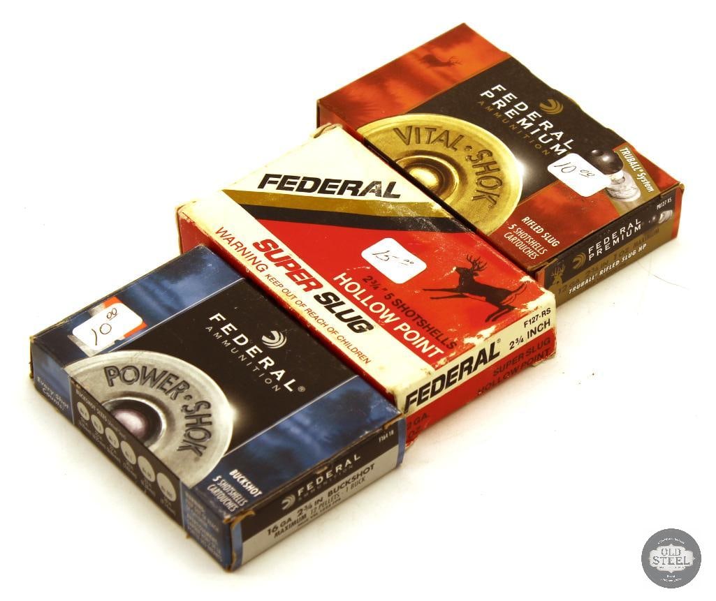 3 Boxes Federal Shotshell Ammunition -12ga and 16ga - 15rds: 16ga 2-3/4in 1 Buck - 5rds 12ga 2-3/4in 1oz Super Slug - 5rds 12ga 2-3/4in 1 oz TruBall Rifled Slug - 5rds THIS ITEM IS AS PICTURED WITH NO FU